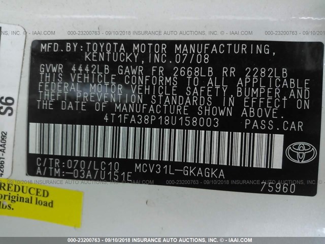 4T1FA38P18U158003 - 2008 TOYOTA CAMRY SOLARA SE/SLE/SPORT WHITE photo 9