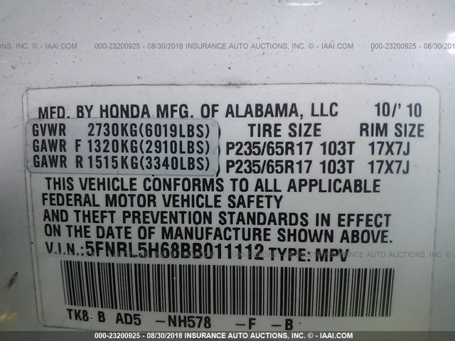 5FNRL5H68BB011112 - 2011 HONDA ODYSSEY EXL WHITE photo 9