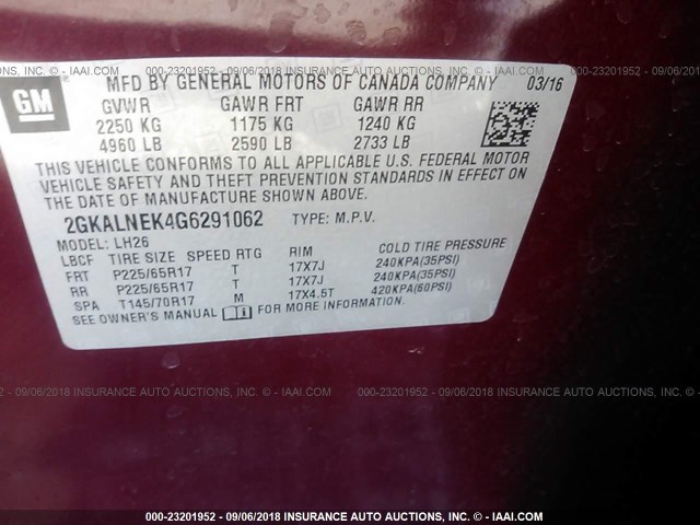 2GKALNEK4G6291062 - 2016 GMC TERRAIN SLE BURGUNDY photo 9