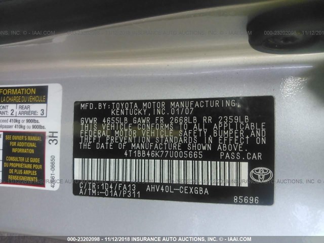 4T1BB46K77U005665 - 2007 TOYOTA CAMRY NEW GENERAT HYBRID SILVER photo 9