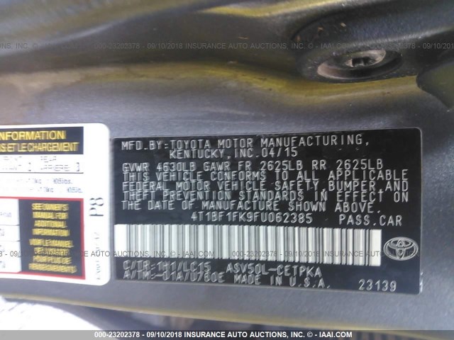 4T1BF1FK9FU062385 - 2015 TOYOTA CAMRY LE/XLE/SE/XSE TAN photo 9