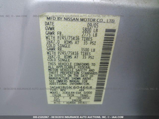 5N1AR18U56C604668 - 2006 NISSAN PATHFINDER LE/SE/XE SILVER photo 9