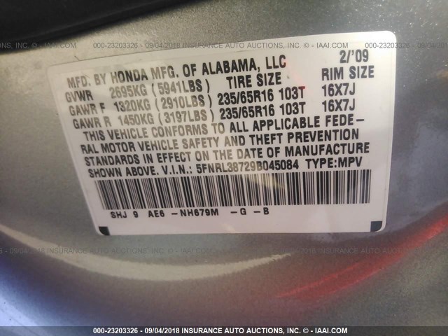 5FNRL38729B045084 - 2009 HONDA ODYSSEY EXL SILVER photo 9