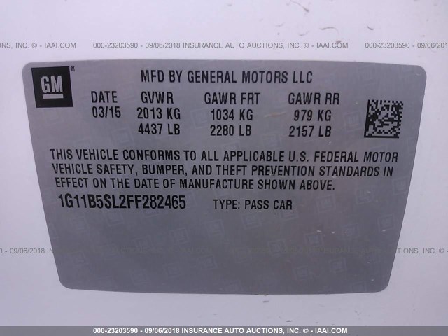 1G11B5SL2FF282465 - 2015 CHEVROLET MALIBU LS 白色 照片 9