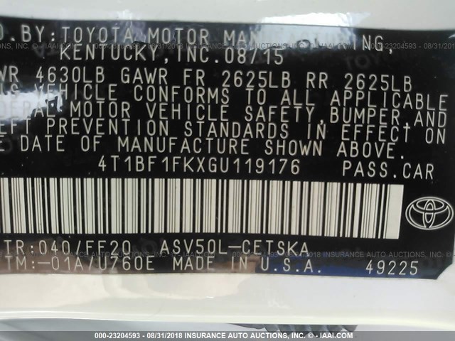 4T1BF1FKXGU119176 - 2016 TOYOTA CAMRY LE/XLE/SE/XSE WHITE photo 9