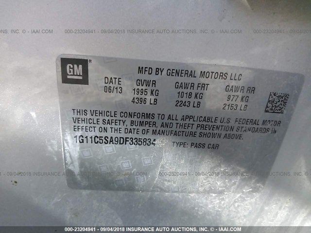 1G11C5SA9DF335834 - 2013 CHEVROLET MALIBU 1LT SILVER photo 9