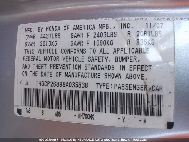 1HGCP26898A035838 - 2008 HONDA ACCORD EXL SILVER photo 9