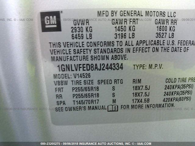 1GNLVFED8AJ244334 - 2010 CHEVROLET TRAVERSE LT SILVER photo 9