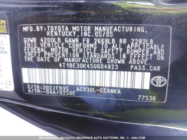 4T1BE30K45U604823 - 2005 TOYOTA CAMRY LE/XLE/SE BLACK photo 9