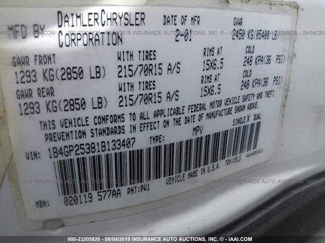 1B4GP25381B133407 - 2001 DODGE CARAVAN SE WHITE photo 9