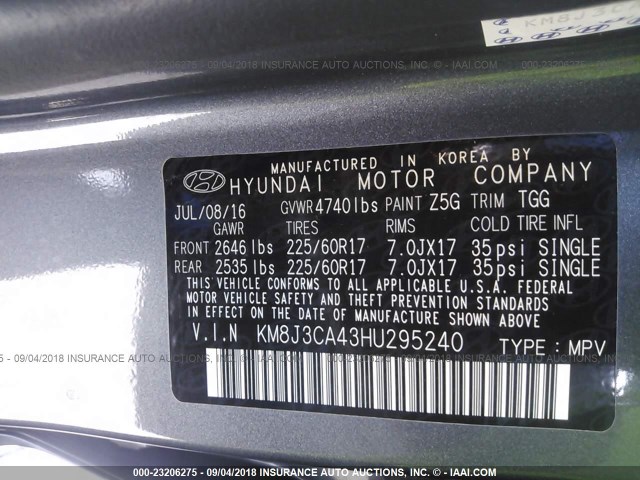 KM8J3CA43HU295240 - 2017 HYUNDAI TUCSON LIMITED/SPORT AND ECO/SE GRAY photo 9