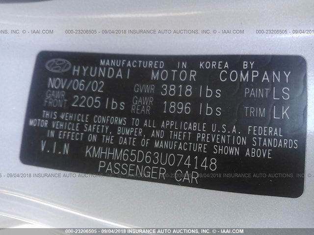 KMHHM65D63U074148 - 2003 HYUNDAI TIBURON SILVER photo 9