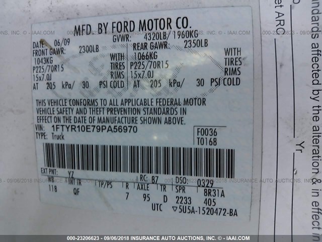 1FTYR10E79PA56970 - 2009 FORD RANGER WHITE photo 9