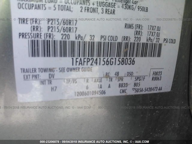 1FAFP24156G158036 - 2006 FORD FIVE HUNDRED SEL SILVER photo 9