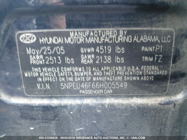 5NPEU46F66H005549 - 2006 HYUNDAI SONATA GLS/LX BLUE photo 9