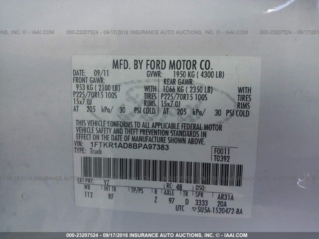 1FTKR1AD8BPA97383 - 2011 FORD RANGER WHITE photo 9