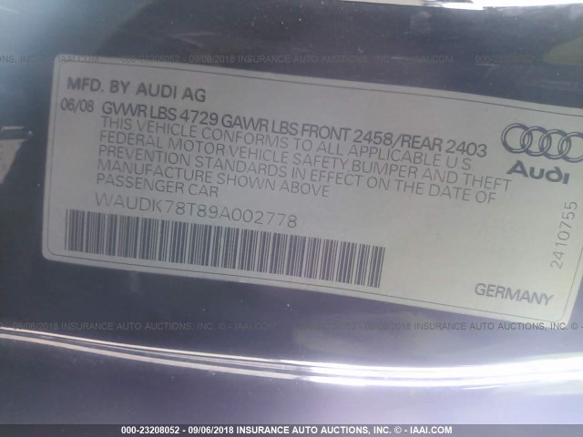 WAUDK78T89A002778 - 2009 AUDI A5 QUATTRO BLACK photo 9