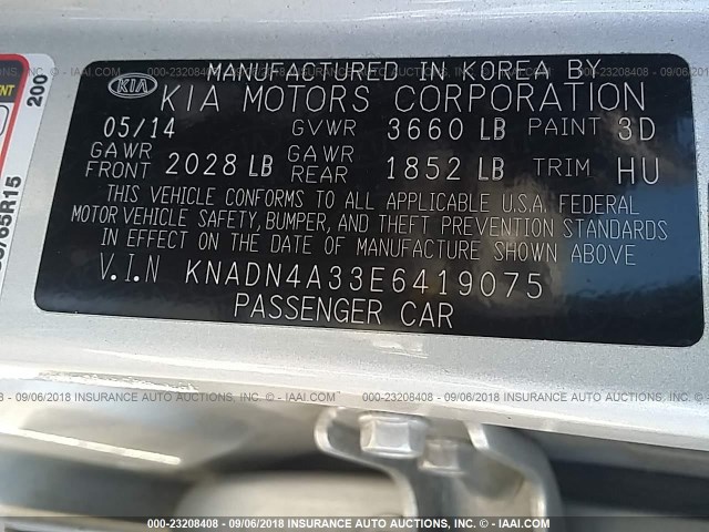 KNADN4A33E6419075 - 2014 KIA RIO EX SILVER photo 9