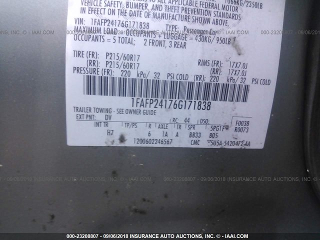 1FAFP24176G171838 - 2006 FORD FIVE HUNDRED SEL GRAY photo 9