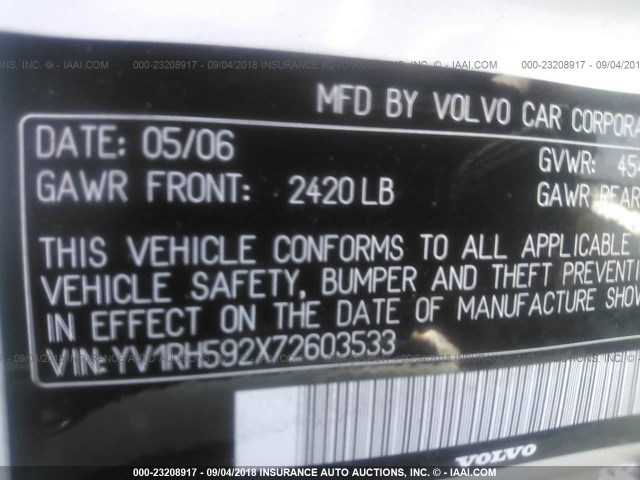 YV1RH592X72603533 - 2007 VOLVO S60 2.5T WHITE photo 9