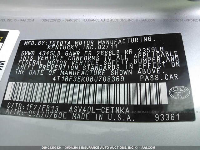 4T1BF3EK0BU708369 - 2011 TOYOTA CAMRY SE/LE/XLE 银色 照片 9