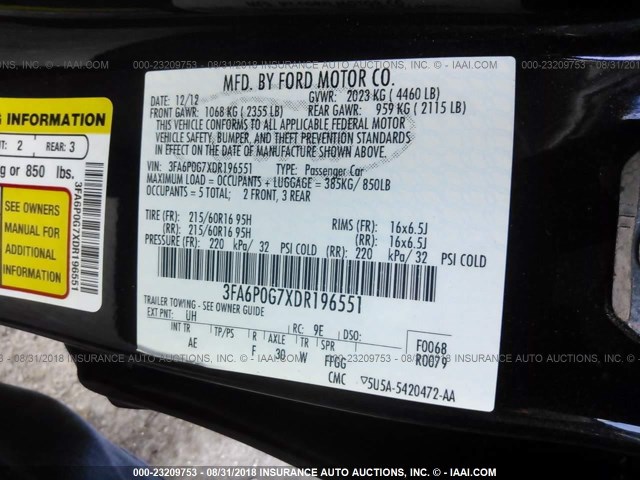 3FA6P0G7XDR196551 - 2013 FORD FUSION S BLACK photo 9