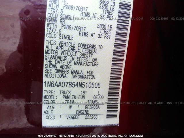 1N6AA07B54N510505 - 2004 NISSAN TITAN XE/SE/LE RED photo 9