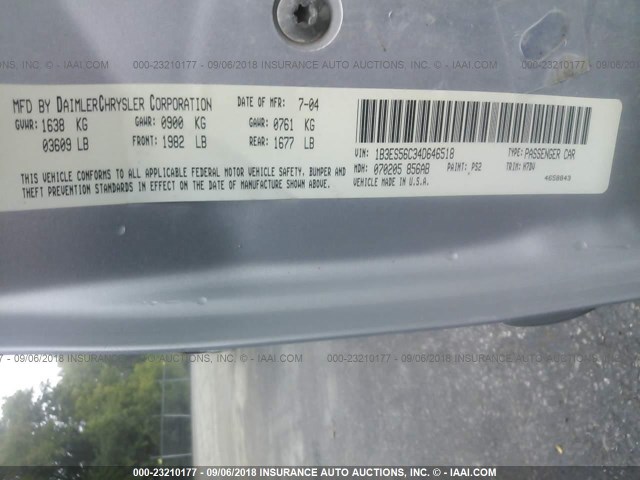 1B3ES56C34D646518 - 2004 DODGE NEON SXT GRAY photo 9