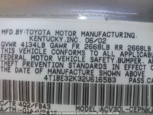 4T1BE32K32U616583 - 2002 TOYOTA CAMRY LE/XLE/SE BEIGE photo 9