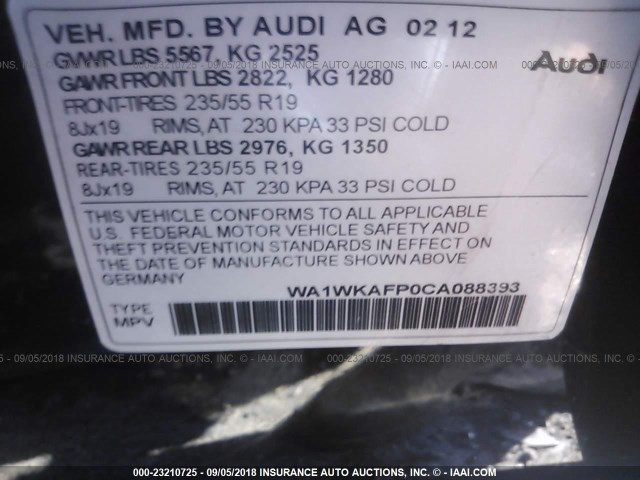 WA1WKAFP0CA088393 - 2012 AUDI Q5 PRESTIGE BLACK photo 9