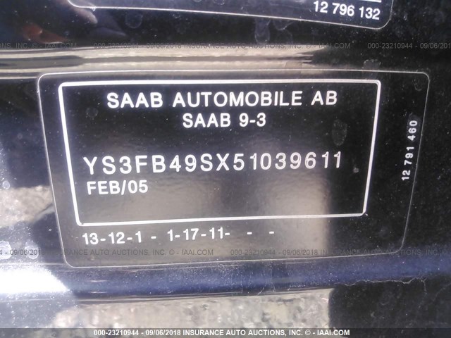 YS3FB49SX51039611 - 2005 SAAB 9-3 LINEAR BLACK photo 9