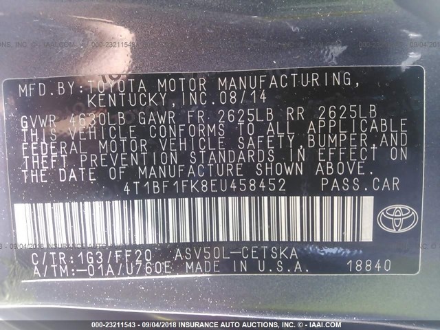 4T1BF1FK8EU458452 - 2014 TOYOTA CAMRY L/SE/LE/XLE ნაცრისფერი ფოტო 9