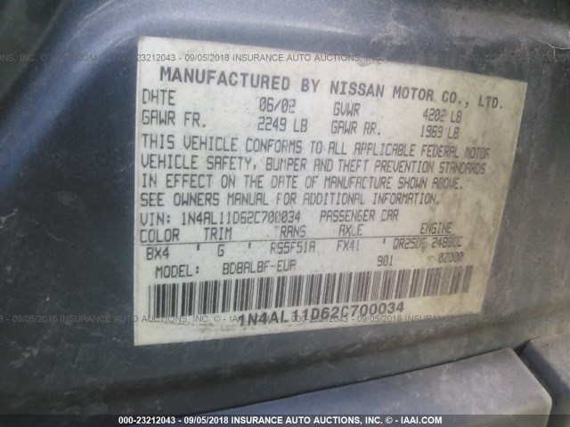 1N4AL11D62C700034 - 2002 NISSAN ALTIMA S/SL GREEN photo 9