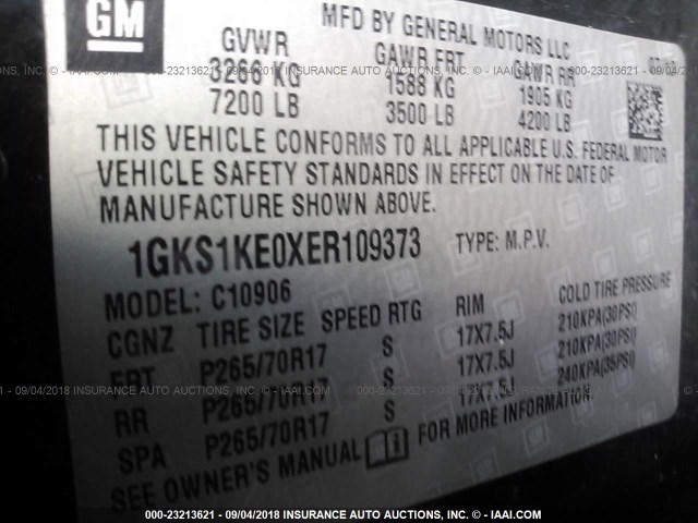 1GKS1KE0XER109373 - 2014 GMC YUKON XL C1500 SLT BLACK photo 9