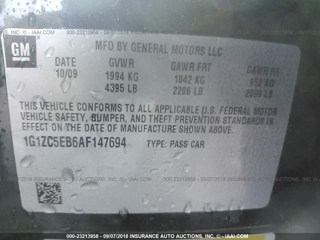 1G1ZC5EB6AF147694 - 2010 CHEVROLET MALIBU 1LT 黑色 照片 9