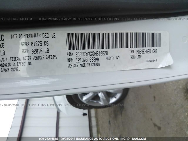 2C3CDYAGXDH610828 - 2013 DODGE CHALLENGER SXT WHITE photo 9