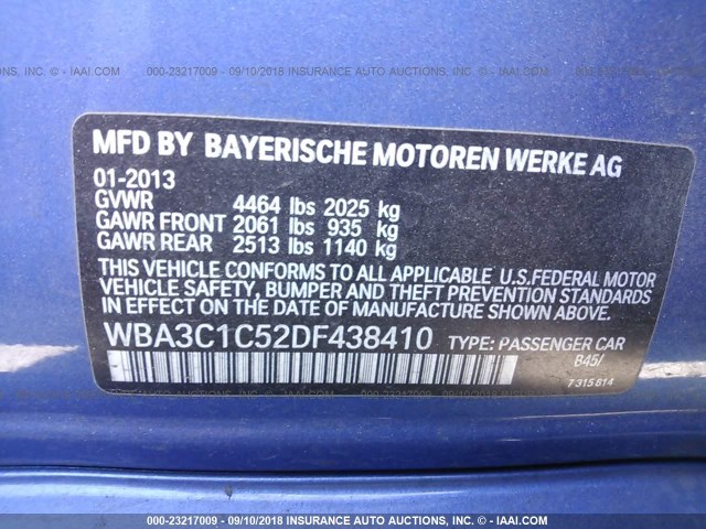 WBA3C1C52DF438410 - 2013 BMW 328 I SULEV BLUE photo 9