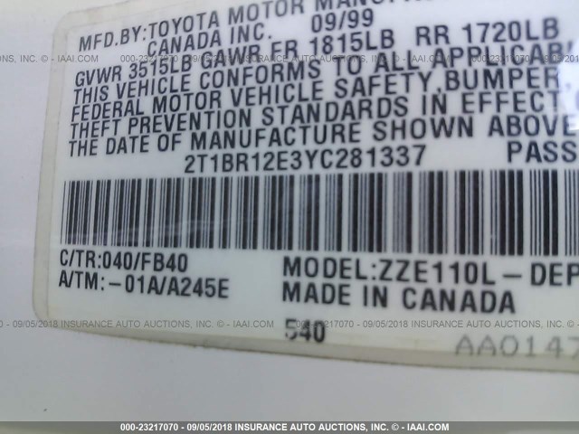 2T1BR12E3YC281337 - 2000 TOYOTA COROLLA VE/CE/LE WHITE photo 9