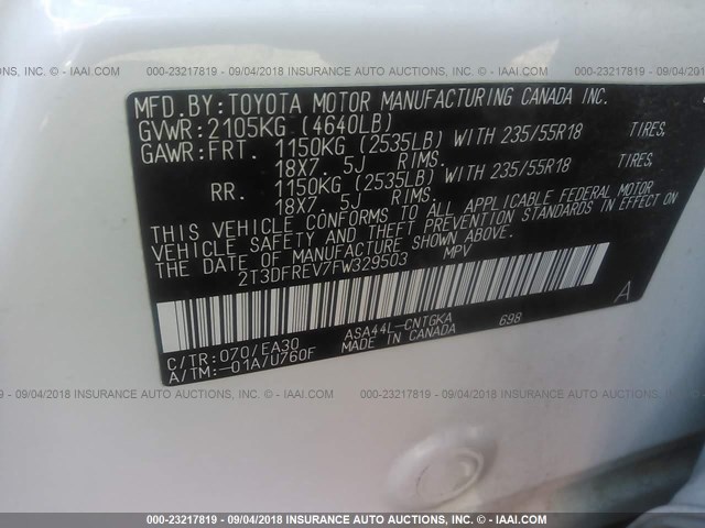 2T3DFREV7FW329503 - 2015 TOYOTA RAV4 LIMITED WHITE photo 9