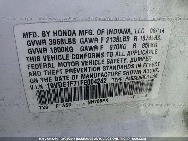 19VDE1F71FE004242 - 2015 ACURA ILX 20 TECH WHITE photo 9