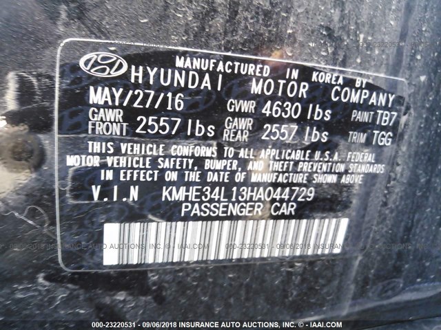 KMHE34L13HA044729 - 2017 HYUNDAI SONATA HYBRID/LIMITED BLACK photo 9