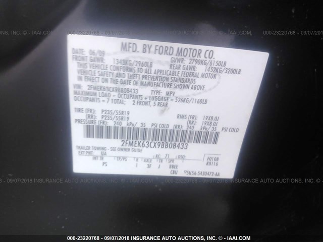 2FMEK63CX9BB08433 - 2009 FORD FLEX LIMITED BLACK photo 9