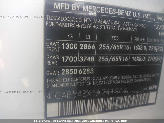 4JGAB54EX1A241914 - 2001 MERCEDES-BENZ ML 320 WHITE photo 9