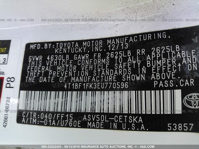 4T1BF1FK3EU770596 - 2014 TOYOTA CAMRY L/SE/LE/XLE 白色 照片 9