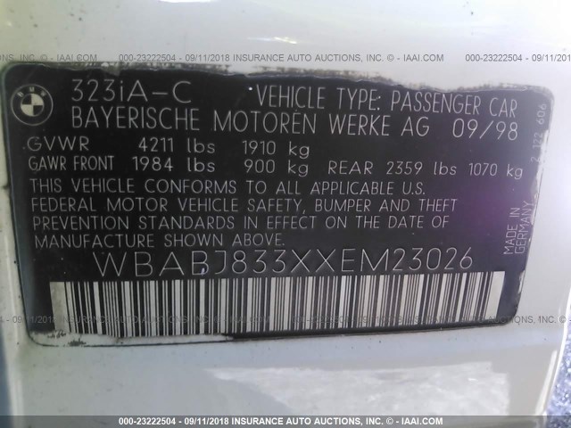 WBABJ833XXEM23026 - 1999 BMW 323 IC AUTOMATIC WHITE photo 9