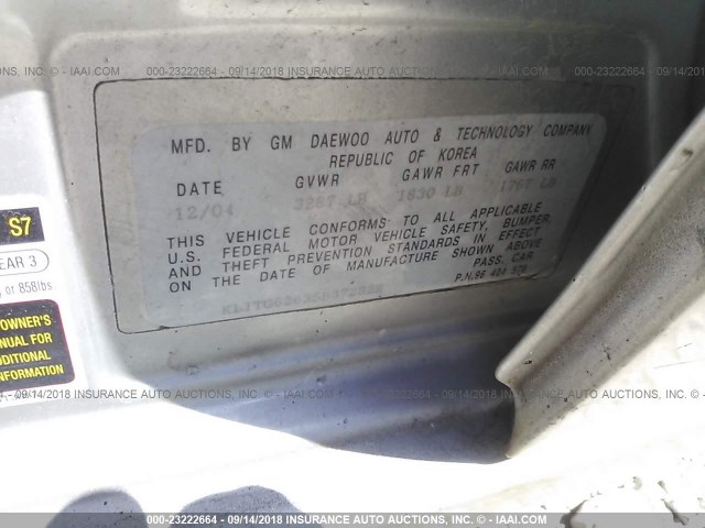 KL1TG62635B372822 - 2005 CHEVROLET AVEO LT SILVER photo 9