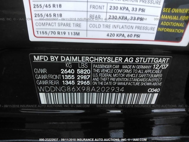 WDDNG86X98A202934 - 2008 MERCEDES-BENZ S 550 4MATIC BLACK photo 9