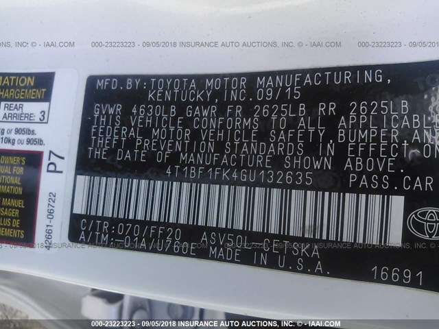 4T1BF1FK4GU132635 - 2016 TOYOTA CAMRY LE/XLE/SE/XSE WHITE photo 9