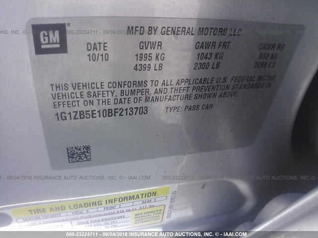 1G1ZB5E10BF213703 - 2011 CHEVROLET MALIBU LS SILVER photo 9