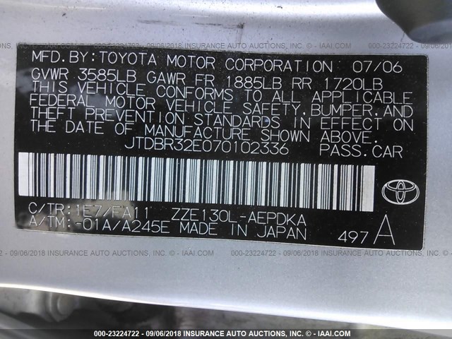 JTDBR32E070102336 - 2007 TOYOTA COROLLA CE/LE/S SILVER photo 9